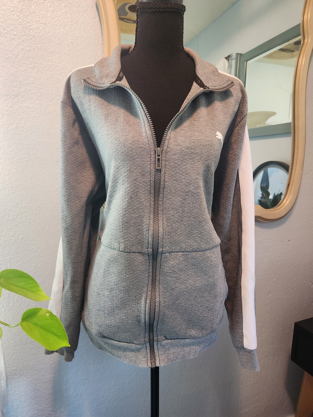 Puma Women’s Grey Zip Hoodie with White Sleeve Panels